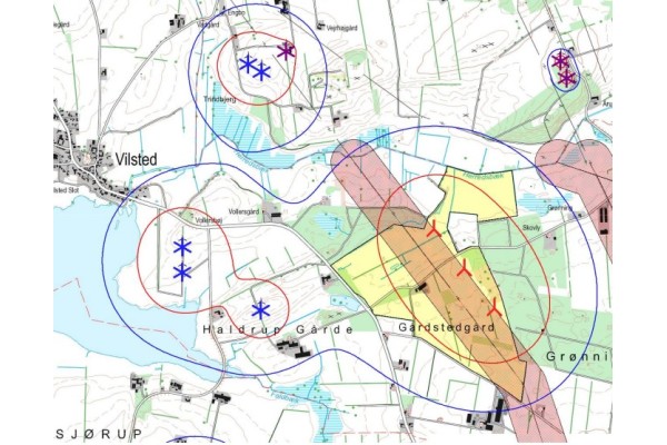 På kortet er de tre nye møller i Gårdsted markeret med rødt